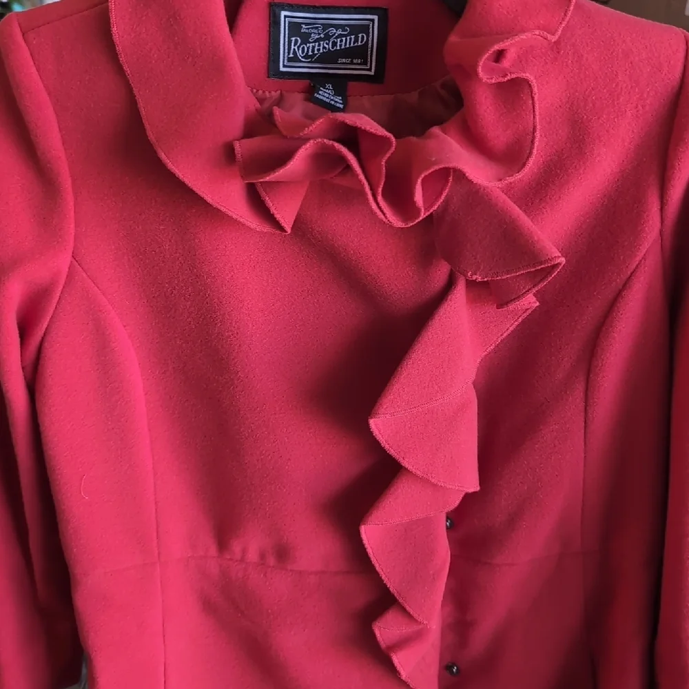 Rothschild Red Trench Coat with High Collar and Ruffle - Picture 3 of 7